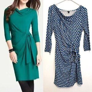 ANN TAYLOR Geo Print Side Tie Jersey Dress Blue Gray 3/4 Sleeve Office S ALTERED